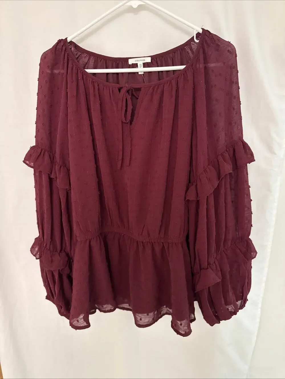 Maurices Blouse Womens XL Burgundy Lined Sheer Pullover Long Ruffle Sleeves NWT